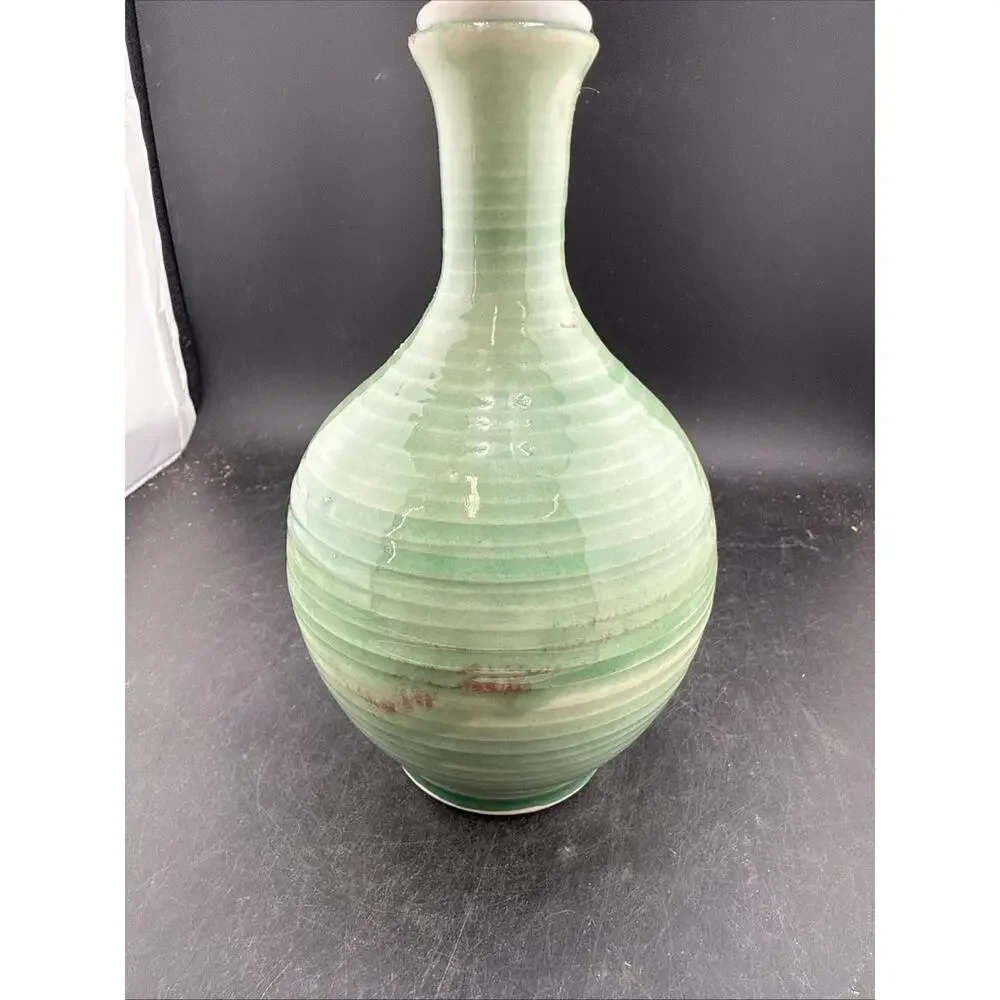 Hand Thrown Studio Pottery Oil Lamp Green Celadon Glaze Signed Dated 2006